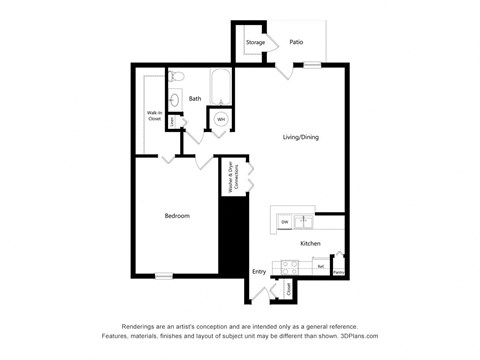 Floor plan for 1 bed, 1 bath, 887 sqft